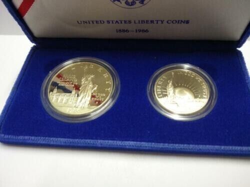 Rare United States 1986 Liberty Silver Proof Coin Set $1 & Half $ and Box 