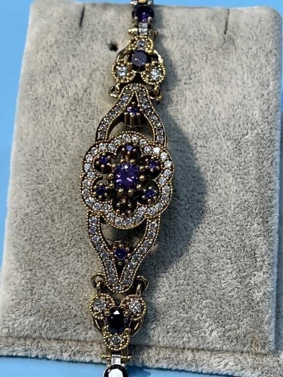 Amethyst and CZ Diamond Estate Bracelet 14K Gold and Silver