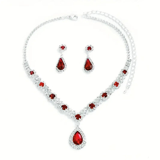 Gorgeous Bridal Set with Ruby Pendant Necklace & Dangle Earrings Lab Created