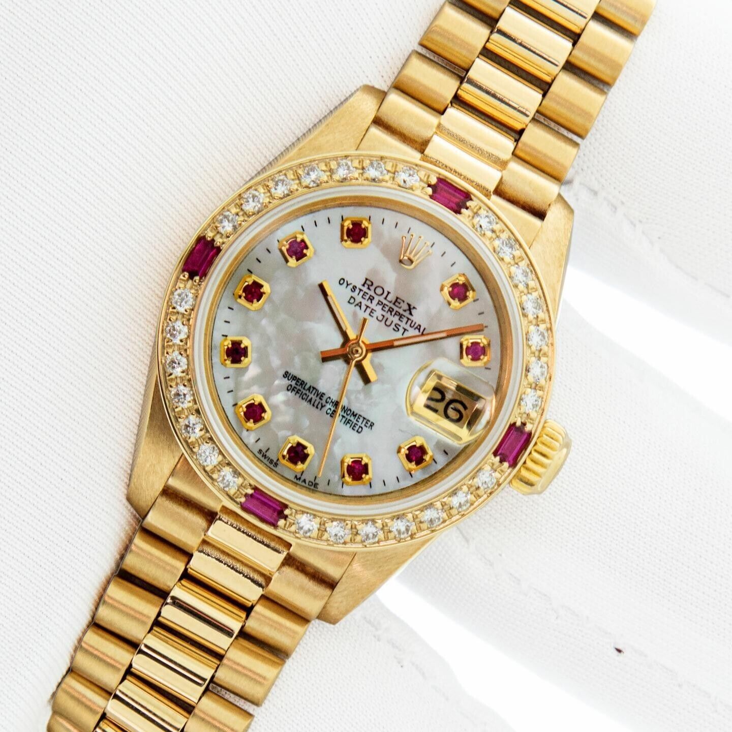 Rolex Lady DateJust President 26 MOP Ruby Dial 18 karat Gold Diamond Bezel Watch