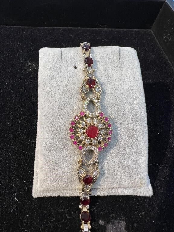 Beautiful 2 Color Ruby and CZ Diamond Estate Bracelet 14K Gold and Silver