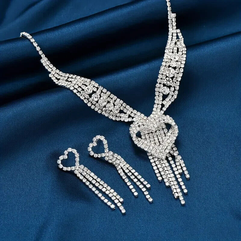 Women's Love Heart Charm Crystal Tassel Earrings & Necklace Jewelry Set