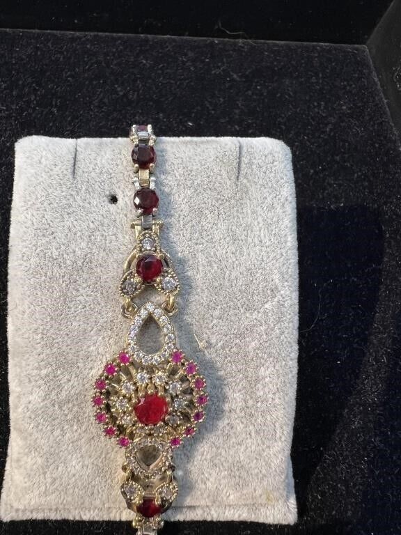 Beautiful 2 Color Ruby and CZ Diamond Estate Bracelet 14K Gold and Silver