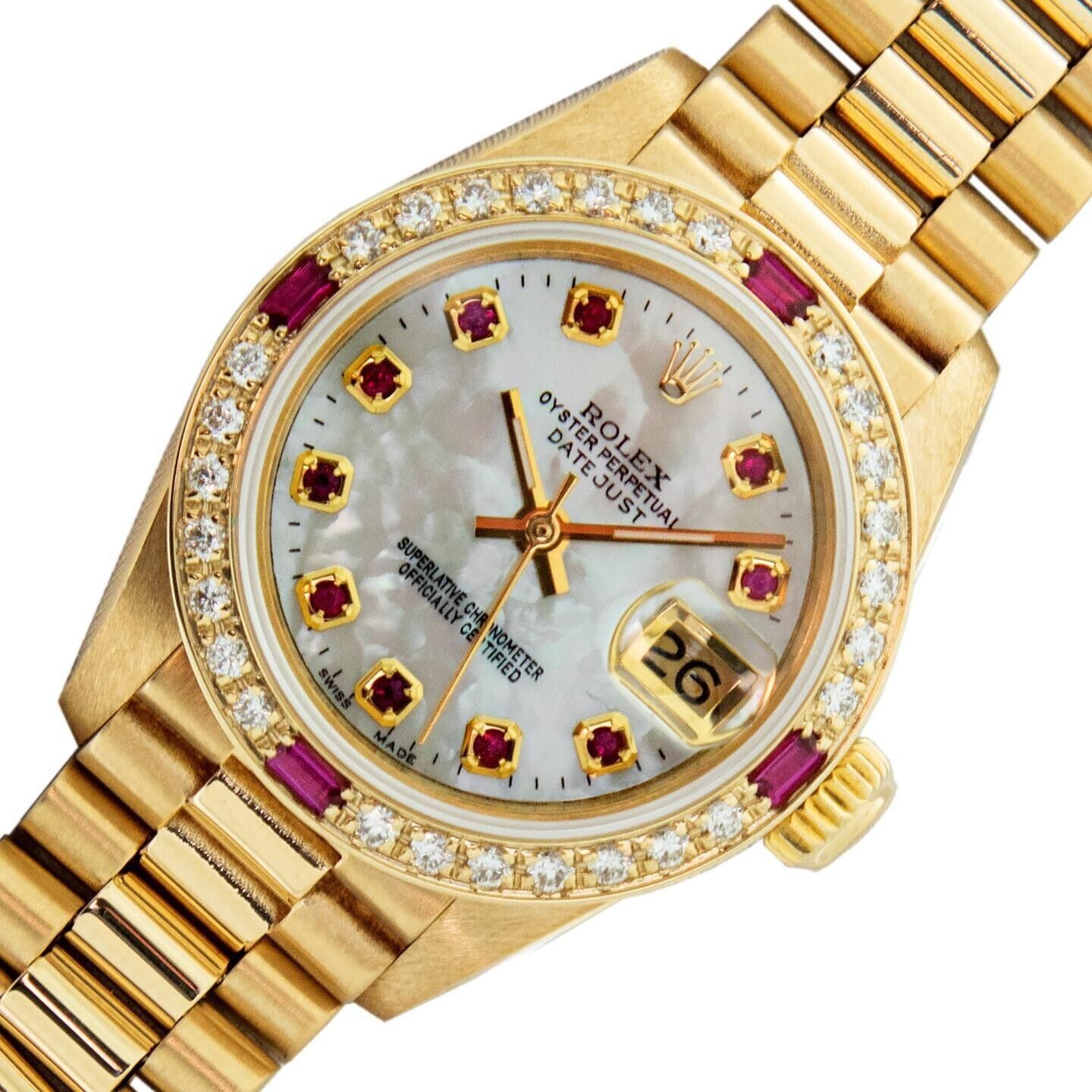 Rolex Lady DateJust President 26 MOP Ruby Dial 18 karat Gold Diamond Bezel Watch