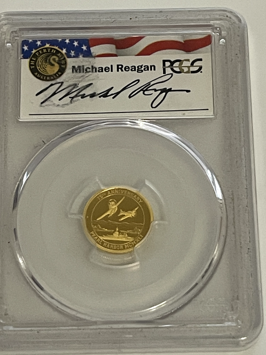 M.Reagan Signed 2020P Tuvalu Gold 1/10oz $15Pearl Harbor PCGS MS70 1st Day Issue