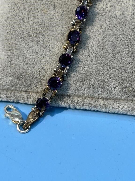 Amethyst and CZ Diamond Estate Bracelet 14K Gold and Silver