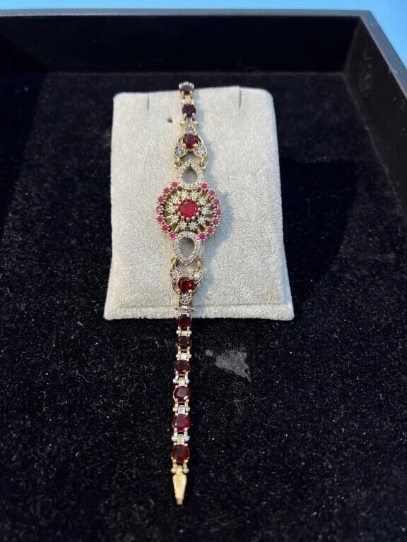 Beautiful 2 Color Ruby and CZ Diamond Estate Bracelet 14K Gold and Silver