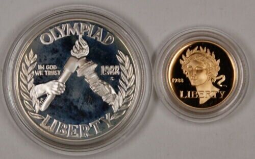  Rare 1988-W Proof Olympic Commemorative 2 Coin Set $5 Gold