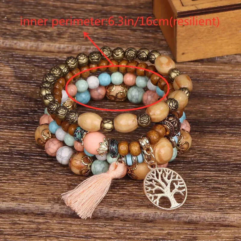 4Pcs Bohemia Tree Of Life Charm Beaded Bracelet Set For Women Handmade Wood Bead